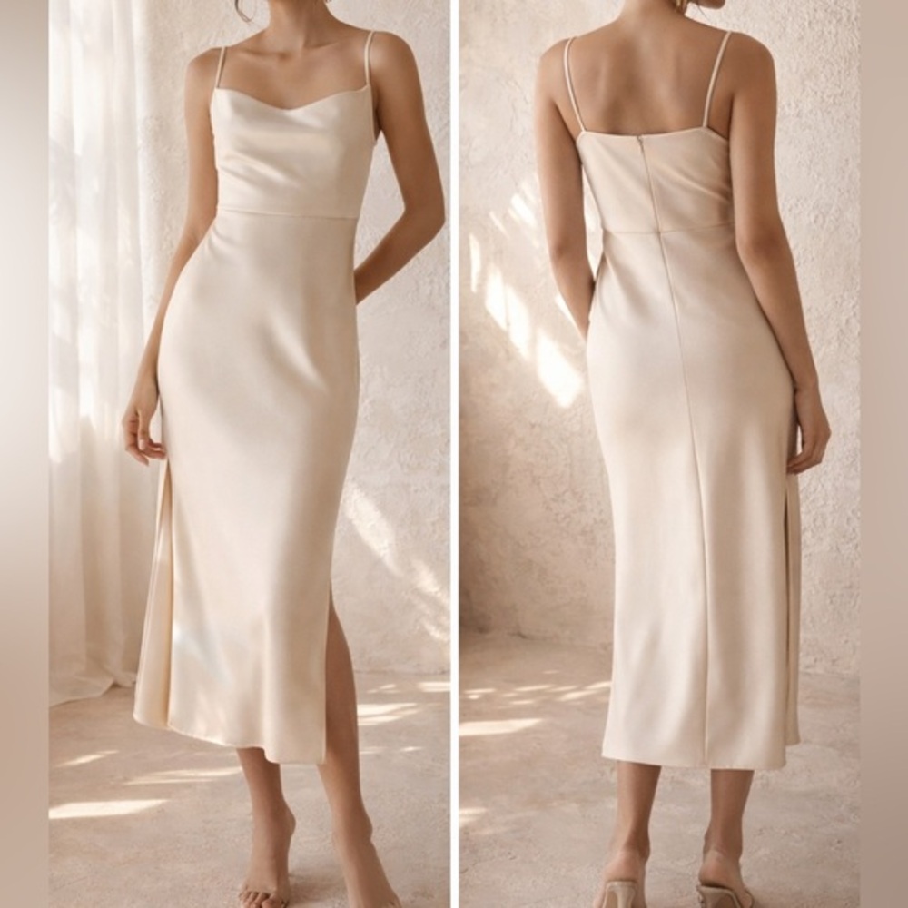 BHLDN Cali Satin Cowl Neck Midi Slip Dress in Oyster